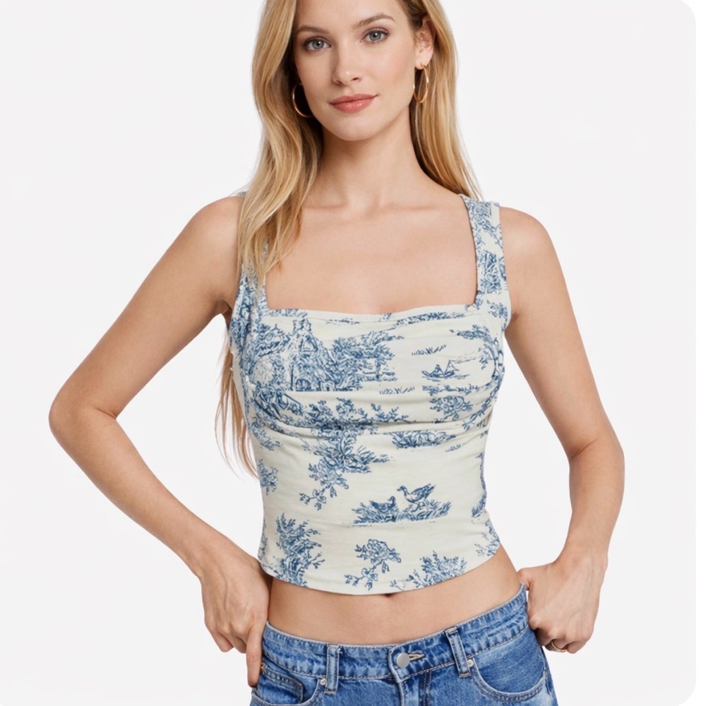 Cider Blue Floral Satin Ruched Square Neck Crop Top M